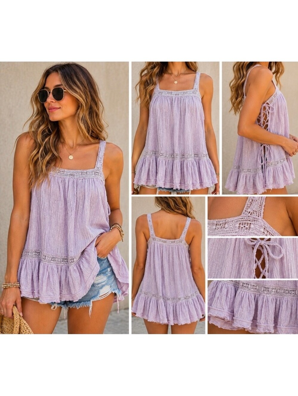Free People XS Lavender Lilac Lace Up Ruffle Hem Boho Tunic Cami Top